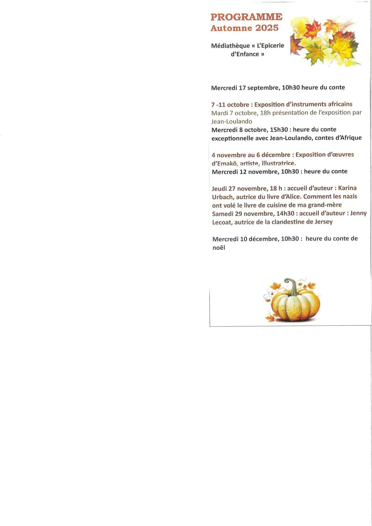 L’heure du conte – Programme automne 2025